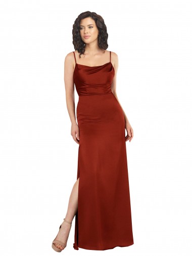 Comprar Rojo línea A Tirantes espagueti Cuadrado Satén sedoso Largo Formales Vestidos de dama de honor / Vestidos de fiesta