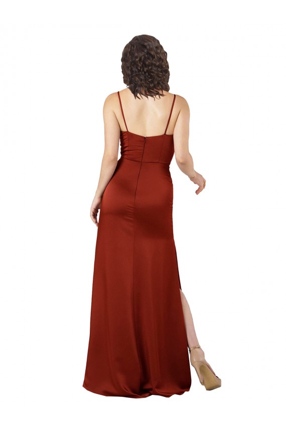 Comprar Rojo línea A Tirantes espagueti Cuadrado Satén sedoso Largo Formales Vestidos de dama de honor / Vestidos de fiesta