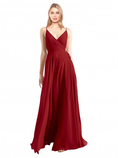 Comprar Rojo línea A Tirantes espagueti Cuello en V Gasa Largo Vestidos de dama de honor