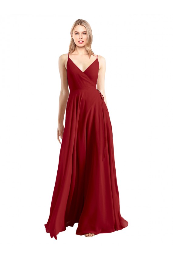 Comprar Rojo línea A Tirantes espagueti Cuello en V Gasa Largo Vestidos de dama de honor