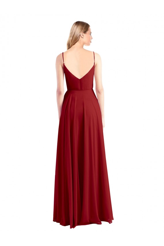 Comprar Rojo línea A Tirantes espagueti Cuello en V Gasa Largo Vestidos de dama de honor