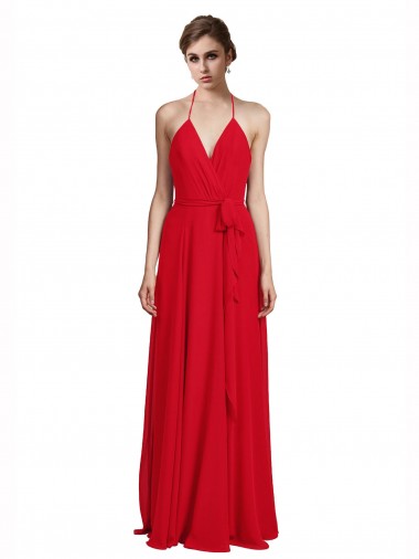 Comprar Rojo línea A Tirantes espagueti Halter Cuello en V Gasa Largo Vestidos de dama de honor