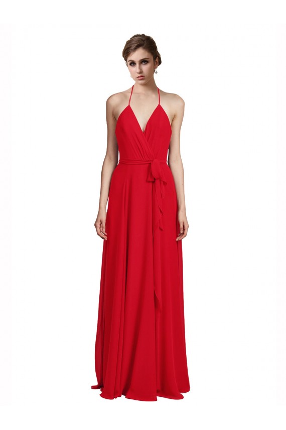 Comprar Rojo línea A Tirantes espagueti Halter Cuello en V Gasa Largo Vestidos de dama de honor