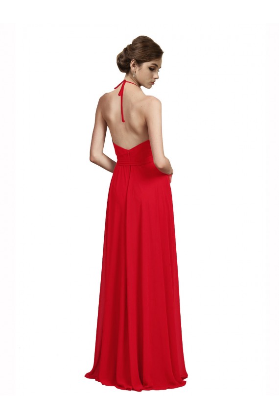 Comprar Rojo línea A Tirantes espagueti Halter Cuello en V Gasa Largo Vestidos de dama de honor