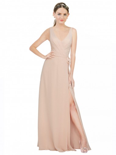 Comprar Rosa 114 línea A Cuello en V Gasa Largo Vestidos de dama de honor