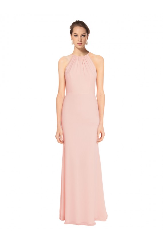 Comprar Rosa 114 línea A Tirantes espagueti Halter Gasa Largo Vestidos de dama de honor