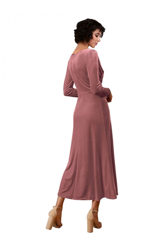 Comprar Rosa Canela línea A Cuello en V Midi Terciopelo Elástico Corto Vestidos de dama de honor / Vestidos de fiesta