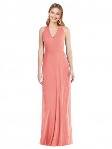 Comprar Rosa Del Desierto Trompeta Halter Cuello en V Gasa Largo Formales Vestidos de dama de honor / Vestidos de noche