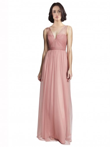 Comprar Rosa Rosa línea A Cuello en V Tul Largo Vestidos de dama de honor