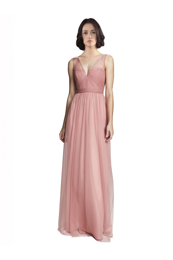 Comprar Rosa Rosa línea A Cuello en V Tul Largo Vestidos de dama de honor