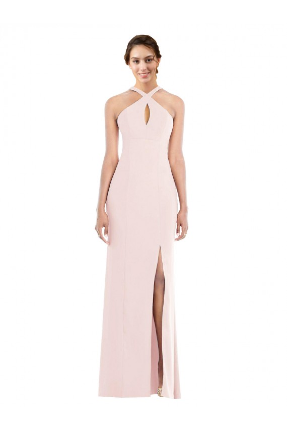 Comprar Rosa Trompeta Halter Crepé Elástico Largo Formales Vestidos de dama de honor / Vestidos de fiesta
