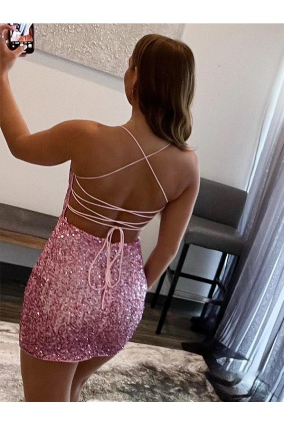Comprar Rosa caliente Cubierta Tirantes espagueti Corto Lentejuelas Terciopelo Corto Vestidos de fiesta