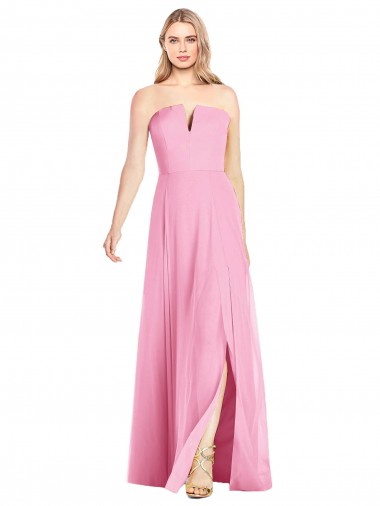 Comprar Rosa caliente Trompeta Cuello en V Sin tirantes Gasa Largo Vestidos de dama de honor