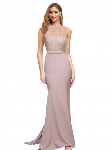 Comprar Rosa empolvado Cubierta Cuello Alto Barrer tren Crepé Elástico Largo Formales Vestidos de dama de honor / Vestidos de fiesta