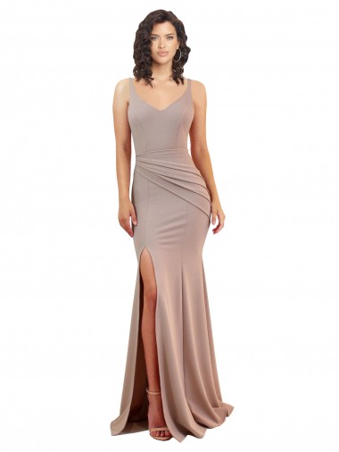 Comprar Rosa empolvado Sirena Cuello en V Crepé Elástico Largo Formales Vestidos de dama de honor / Vestidos de fiesta
