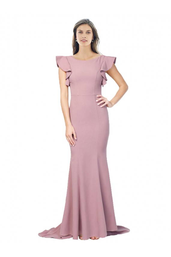 Comprar Rosa empolvado Sirena Cuello redondo Barrer tren Crepé Elástico Largo Formales Vestidos de dama de honor / Vestidos de fiesta