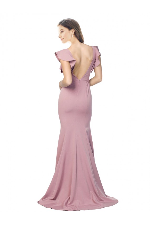 Comprar Rosa empolvado Sirena Cuello redondo Barrer tren Crepé Elástico Largo Formales Vestidos de dama de honor / Vestidos de fiesta