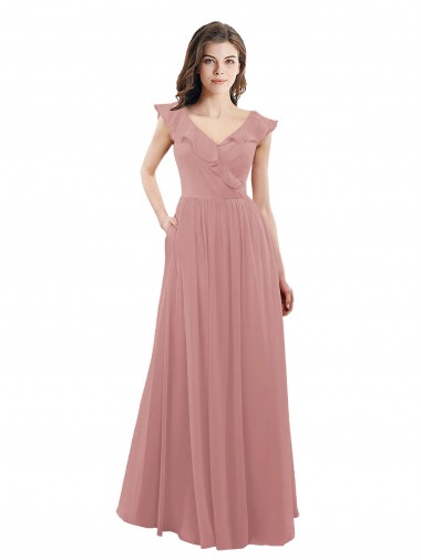 Comprar Rosa empolvado línea A Cuello en V Gasa Largo Vestidos de dama de honor