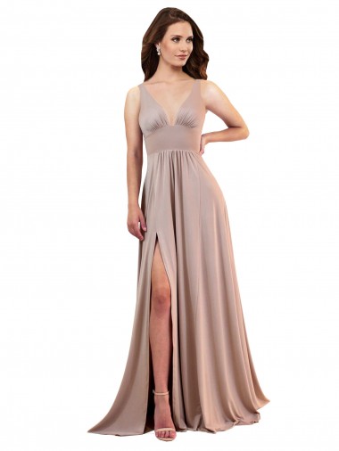 Comprar Rosa empolvado línea A Cuello en V Spandex Largo Formales Vestidos de dama de honor / Vestidos de fiesta