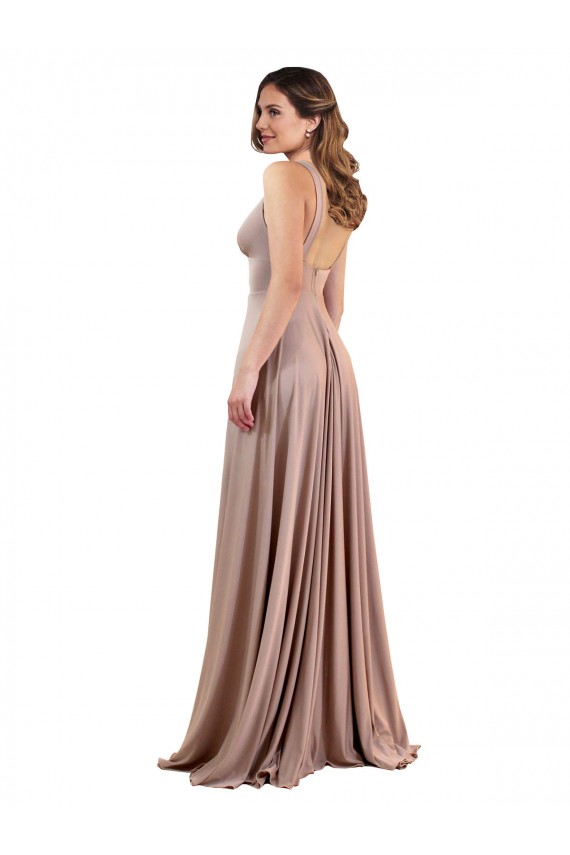Comprar Rosa empolvado línea A Cuello en V Spandex Largo Formales Vestidos de dama de honor / Vestidos de fiesta