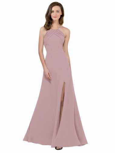 Comprar Rosa empolvado línea A Cuello joya Cuello Alto Crepé Elástico Largo Vestidos de dama de honor / Vestidos de fiesta