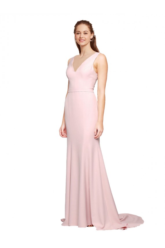 Comprar Rosa línea A Cuello en V Barrer tren Crepé Elástico Largo Vestidos de dama de honor / Vestidos de fiesta