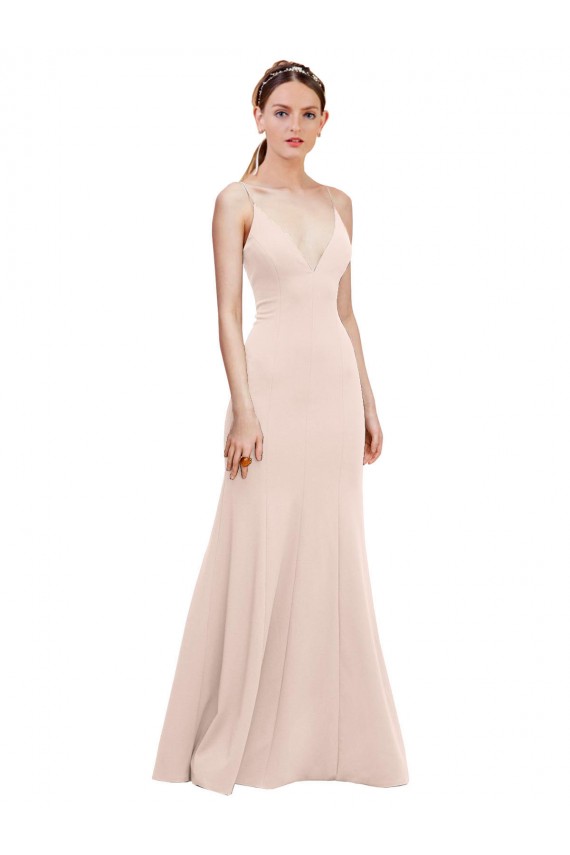 Comprar Rosa línea A Cuello en V Crepé Elástico Largo Formales Vestidos de dama de honor / Vestidos de fiesta