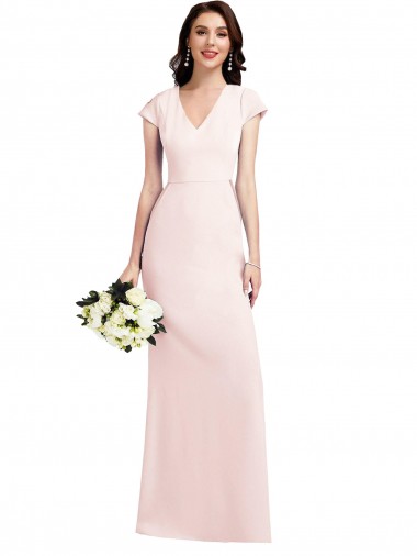 Comprar Rosa línea A Cuello en V Crepé Elástico Largo Formales Vestidos de dama de honor / Vestidos de fiesta