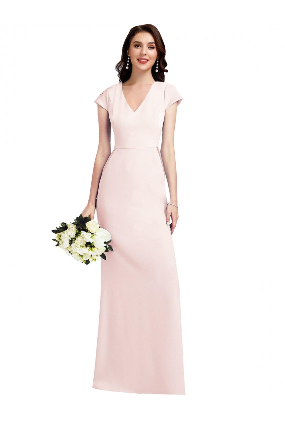 Comprar Rosa línea A Cuello en V Crepé Elástico Largo Formales Vestidos de dama de honor / Vestidos de fiesta