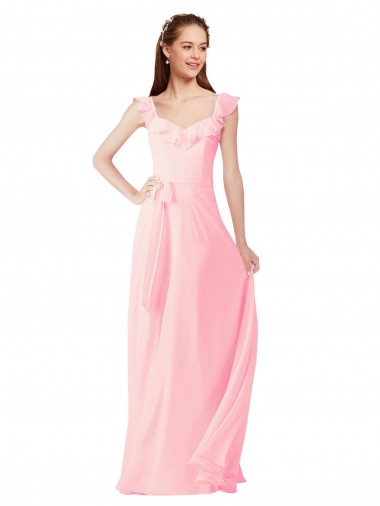 Comprar Rosa línea A Cuello en V Gasa Largo Vestidos de dama de honor