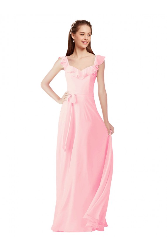 Comprar Rosa línea A Cuello en V Gasa Largo Vestidos de dama de honor