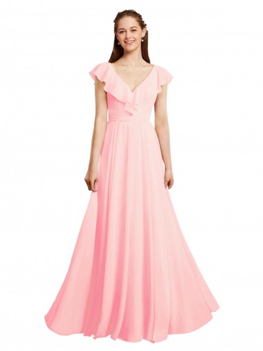 Comprar Rosa línea A Cuello en V Gasa Largo Vestidos de dama de honor
