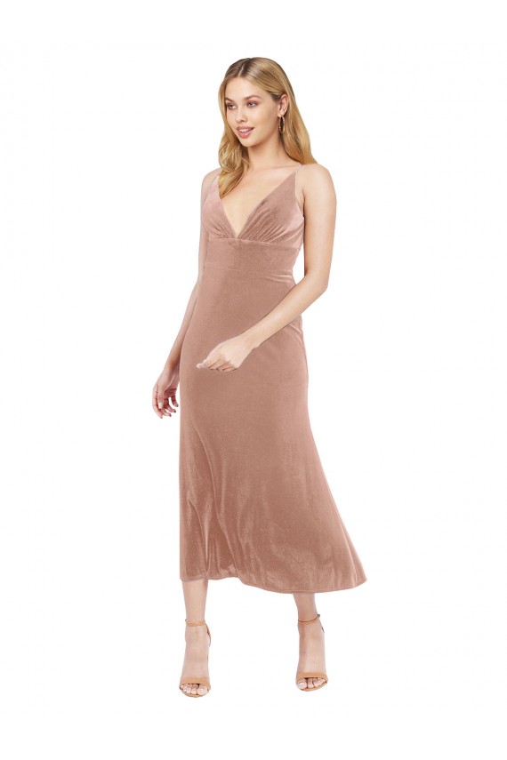 Comprar Rosa línea A Cuello en V Midi Terciopelo Elástico Corto Vestidos de dama de honor / Vestidos de fiesta / Vestidos de cóctel
