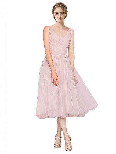 Comprar Rosa línea A Cuello en V Tul Corto Vestidos de dama de honor / Vestidos de cóctel / Vestidos para homecoming