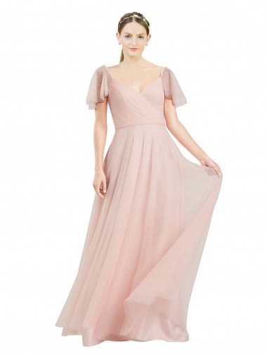 Comprar Rosa línea A Cuello en V Tul Largo Vestidos de dama de honor
