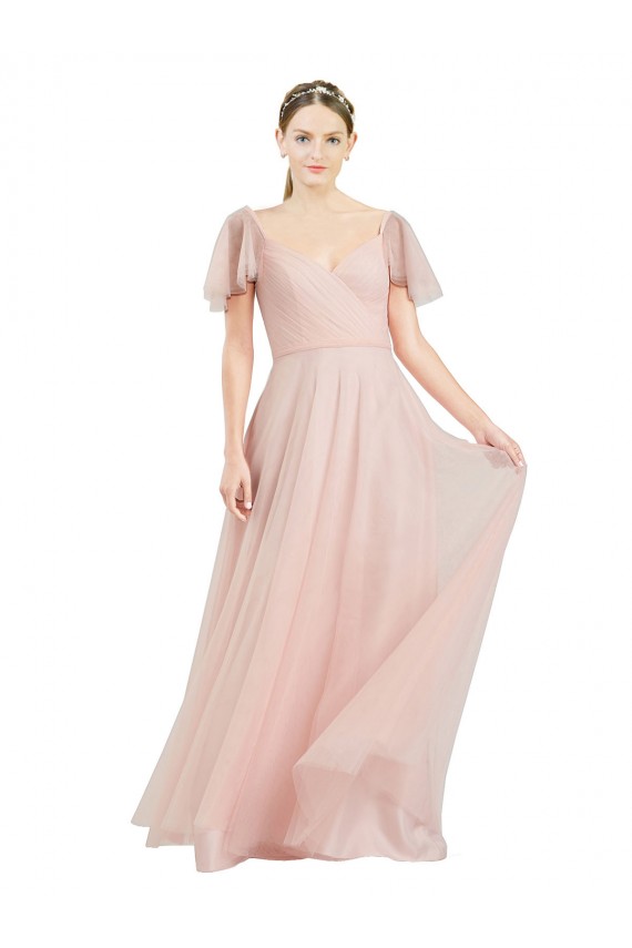 Comprar Rosa línea A Cuello en V Tul Largo Vestidos de dama de honor