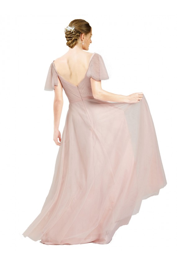 Comprar Rosa línea A Cuello en V Tul Largo Vestidos de dama de honor