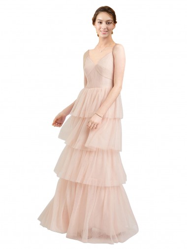 Comprar Rosa línea A Cuello en V Tul Largo Vestidos de dama de honor