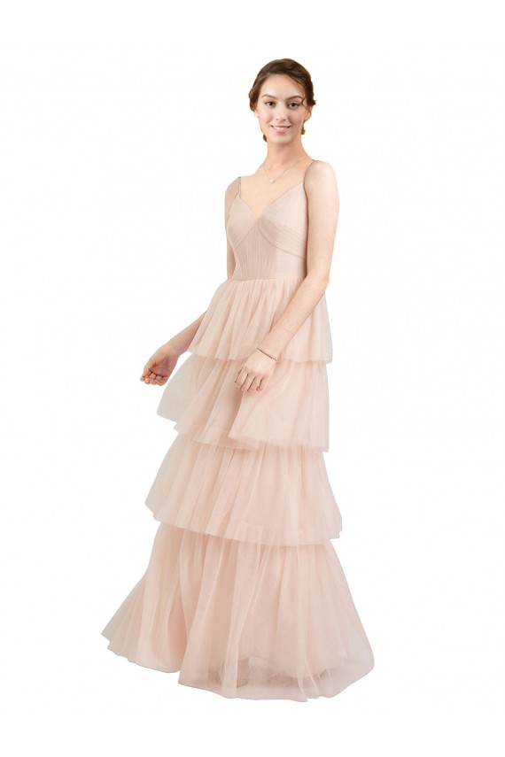 Comprar Rosa línea A Cuello en V Tul Largo Vestidos de dama de honor