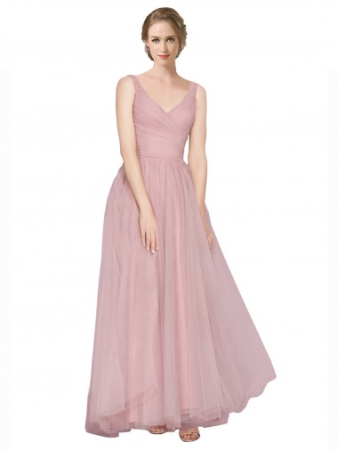 Comprar Rosa línea A Cuello en V Tul Largo Vestidos de dama de honor
