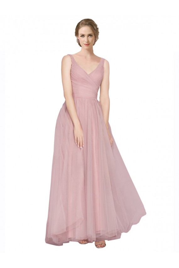 Comprar Rosa línea A Cuello en V Tul Largo Vestidos de dama de honor
