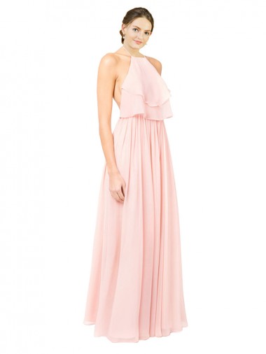 Comprar Rosa línea A Halter Gasa Largo Vestidos de dama de honor