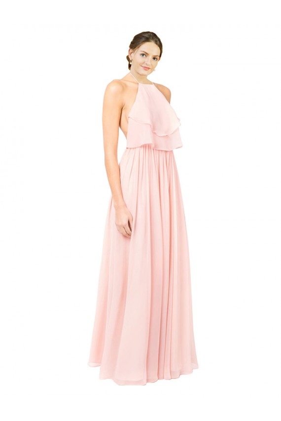 Comprar Rosa línea A Halter Gasa Largo Vestidos de dama de honor