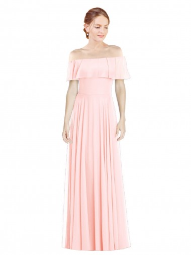 Comprar Rosa línea A Hombros Descubiertos Cuadrado Gasa Largo Vestidos de dama de honor