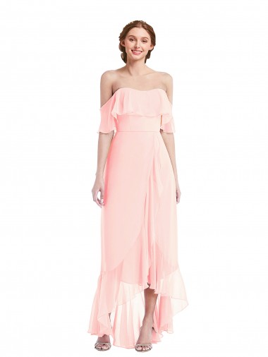Comprar Rosa línea A Hombros Descubiertos Gasa Largo Asimétrico Vestidos de dama de honor