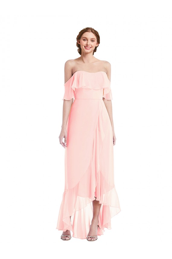 Comprar Rosa línea A Hombros Descubiertos Gasa Largo Asimétrico Vestidos de dama de honor