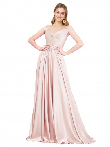 Comprar Rosa línea A Hombros Descubiertos Satén Largo Formales Vestidos de dama de honor / Vestidos de fiesta