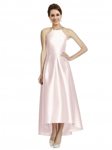 Comprar Rosa línea A Tirantes espagueti Halter Satén Largo Asimétrico Vestidos de dama de honor