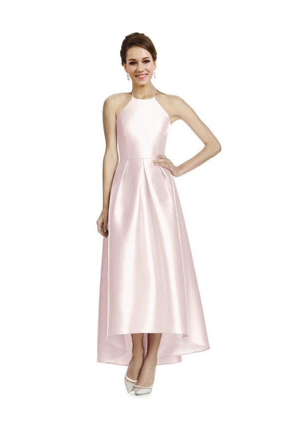 Comprar Rosa línea A Tirantes espagueti Halter Satén Largo Asimétrico Vestidos de dama de honor