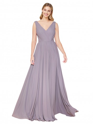 Comprar Rosa polvorienta línea A Cuello en V Cuello Alto Gasa Largo Formales Vestidos de dama de honor / Vestidos de fiesta